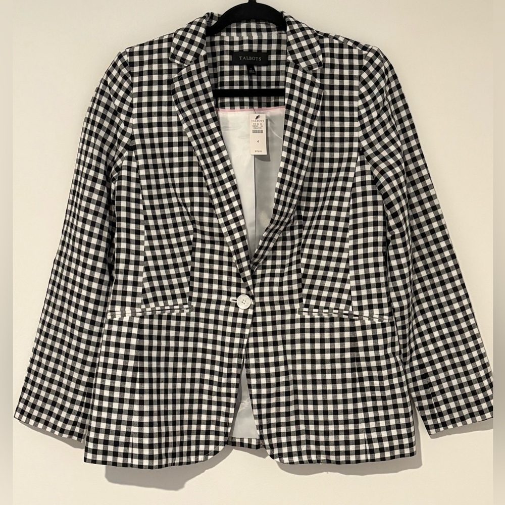 Talbots Women’s Classic Linen Cotton Blazer Spring Gingham Workwear Size 4 NWT